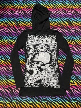 Y2k grunge goth rare 2000s Metal Mulisha ribbed thermal hoodie Skull Graphic